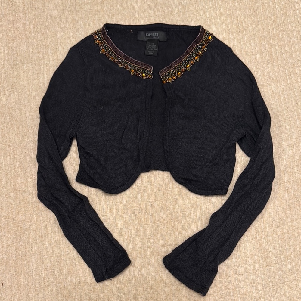 Express Black Cropped Cardigan‎ with Embroidered Collar